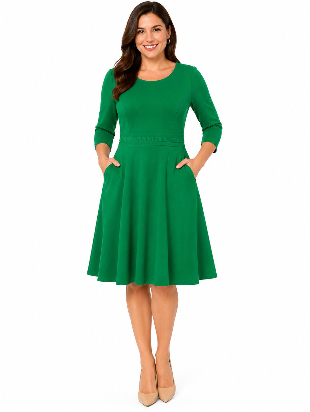 eShakti Custom Made Green Fit & Flare Dress Cotton Spandex 3/4 Sleeve L
